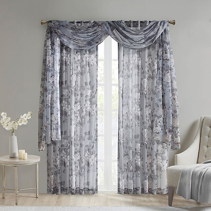 slide 5 of 9, Madison Park Simone Rod Pocket/Back Tabs Floral Voile Sheer Window Curtain Panel - Grey, 95 in