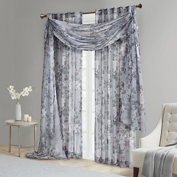slide 5 of 7, Madison Park Simone Printed Floral Voile Sheer Scarf - Grey, 144 in