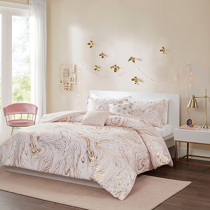 slide 3 of 11, Intelligent Design Rebecca Metallic Printed Full/Queen Comforter Set - Blush/Gold, 5 ct