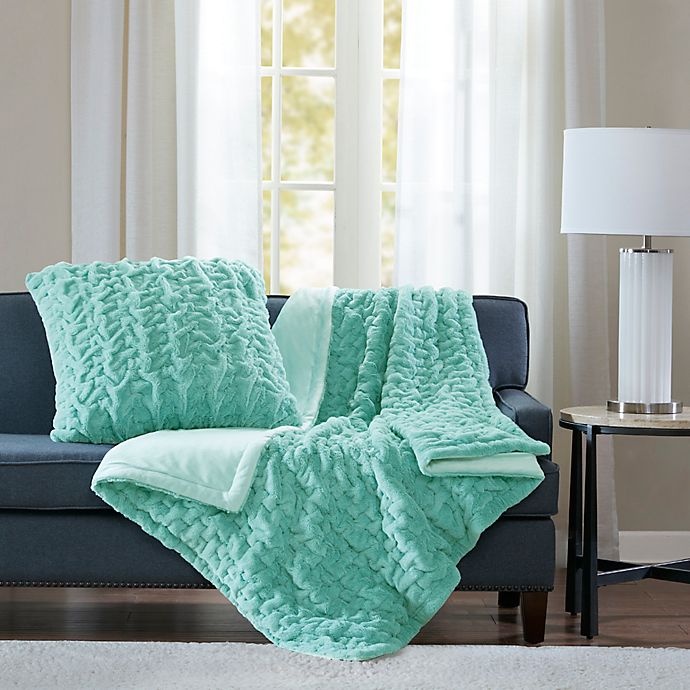 slide 2 of 3, Madison Park Ruched Faux Fur Square Throw Pillow - Aqua, 1 ct
