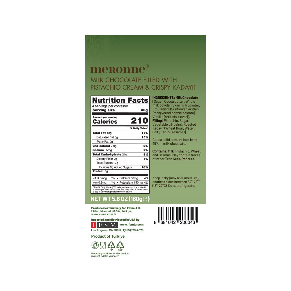 slide 2 of 2, Meronne® Milk Chocolate Filled with Pistachio Cream & Crispy Kadayif Candy Bar, 5.6 oz