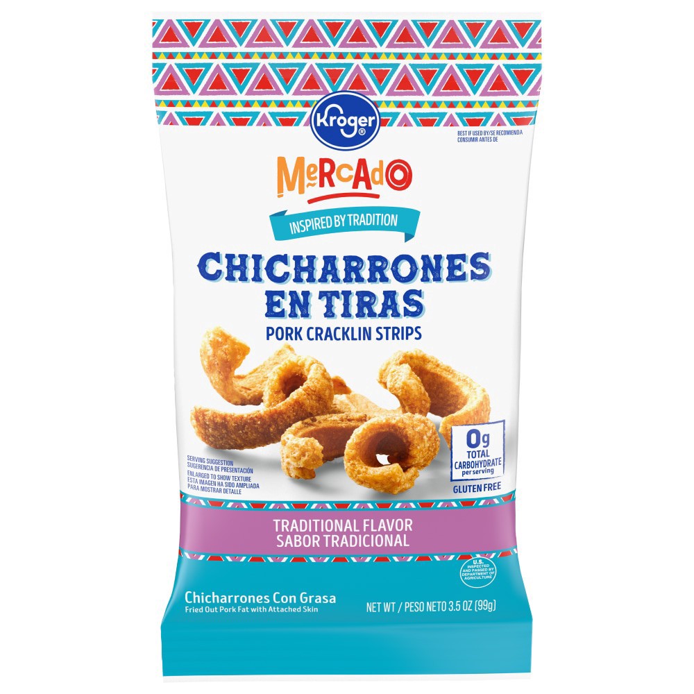 slide 1 of 2, Kroger Mercado Chicharrones En Tiras Original Pork Cracklin Strips, 3.5 oz