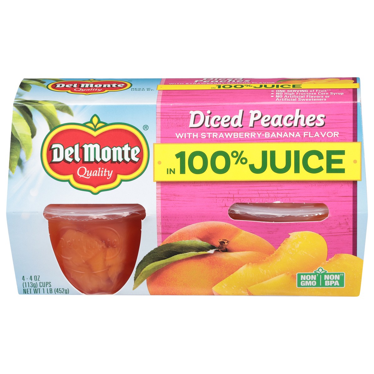 slide 1 of 4, Del Monte Strawberry-Banana Flavor Diced Peaches in 100% Juice 4 - 4 oz Cups, 4 ct