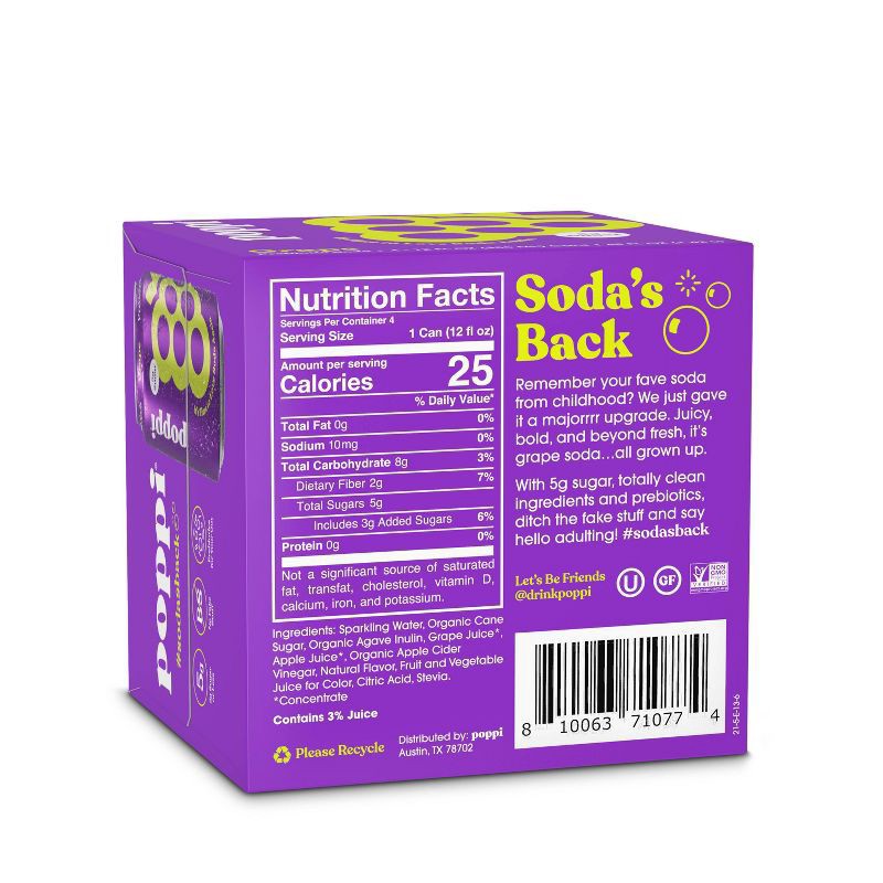 slide 4 of 6, Poppi Grape Prebiotic Soda- 4 ct; 12 fl oz, 4 ct; 12 fl oz