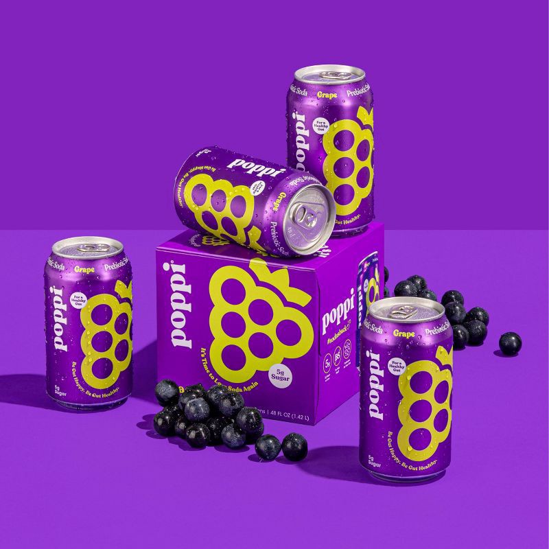 slide 6 of 6, Poppi Grape Prebiotic Soda- 4 ct; 12 fl oz, 4 ct; 12 fl oz