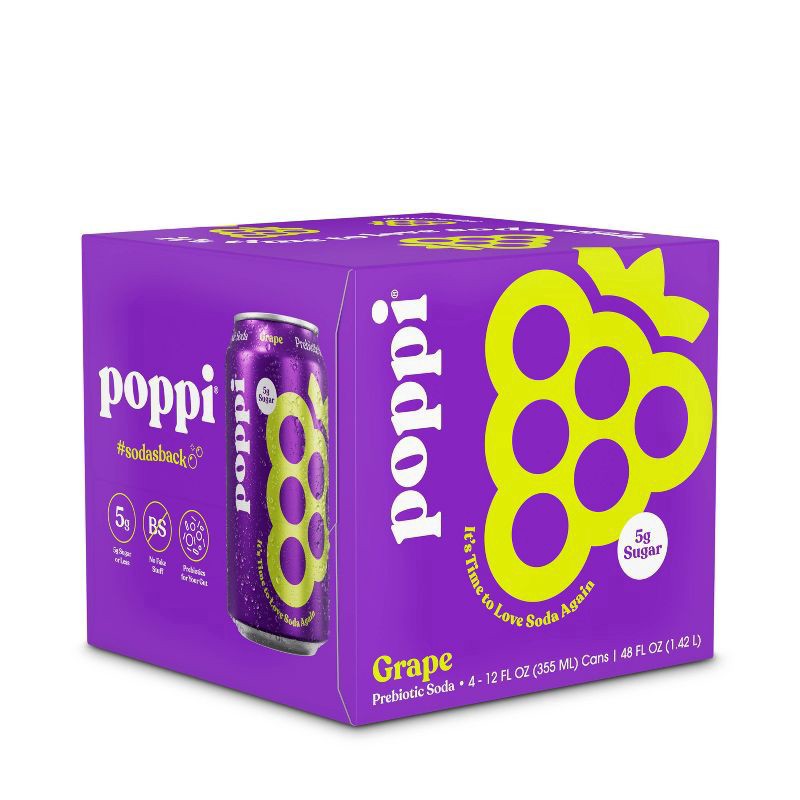 slide 1 of 6, Poppi Grape Prebiotic Soda- 4 ct; 12 fl oz, 4 ct; 12 fl oz