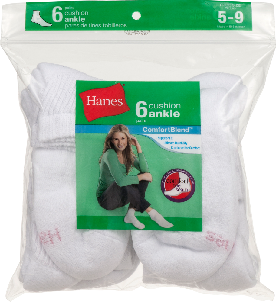slide 1 of 2, Hanes Women's Cushion White Socks Size 5-9, Ankle, 6 ct