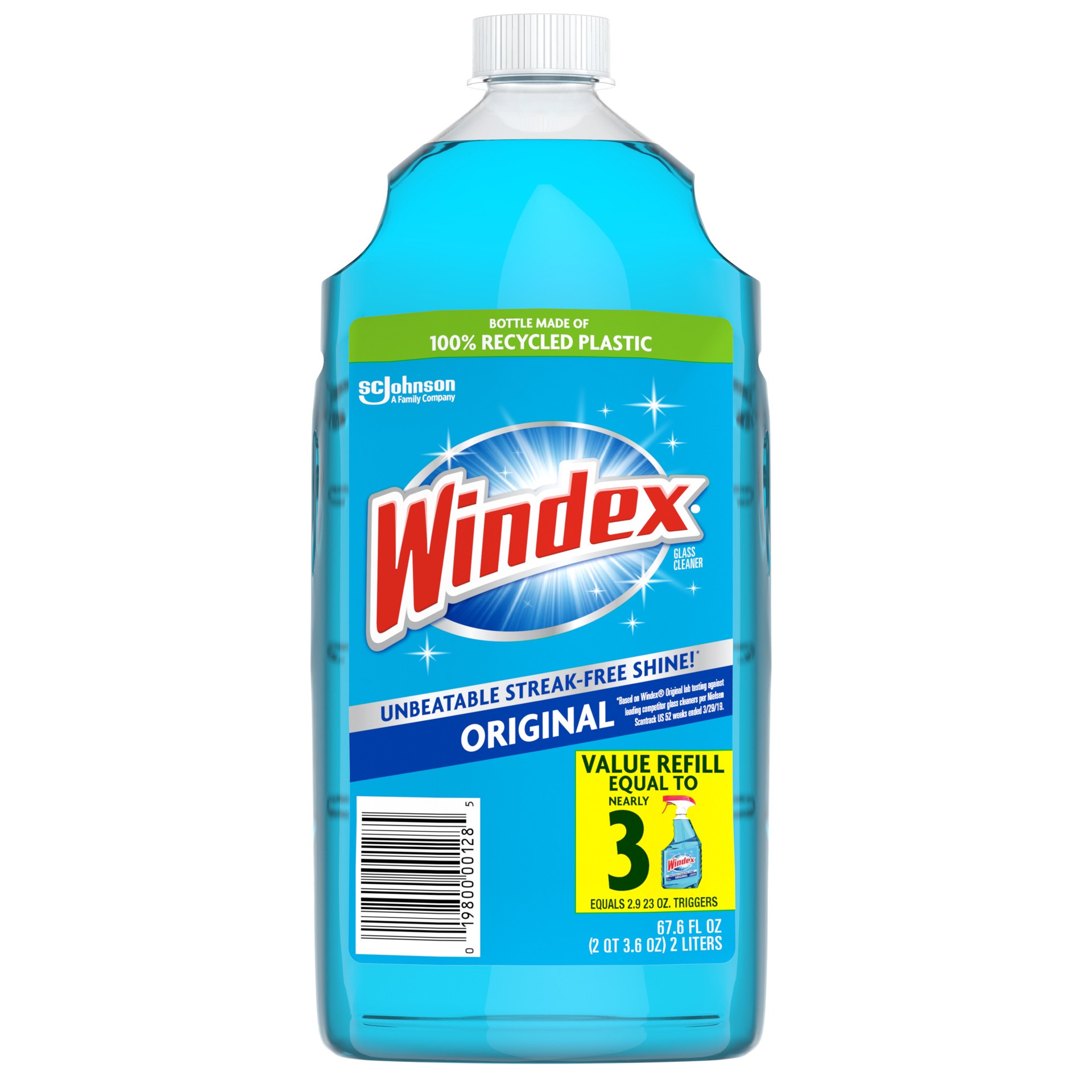 slide 1 of 3, Windex Glass Cleaner Refill, Original Blue, 2 L, 67.60 fl oz