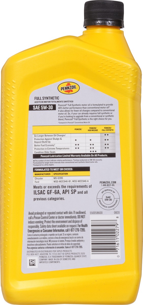 slide 7 of 9, Pennzoil Full Synthetic Motor Oil 1 qt, 1 qt