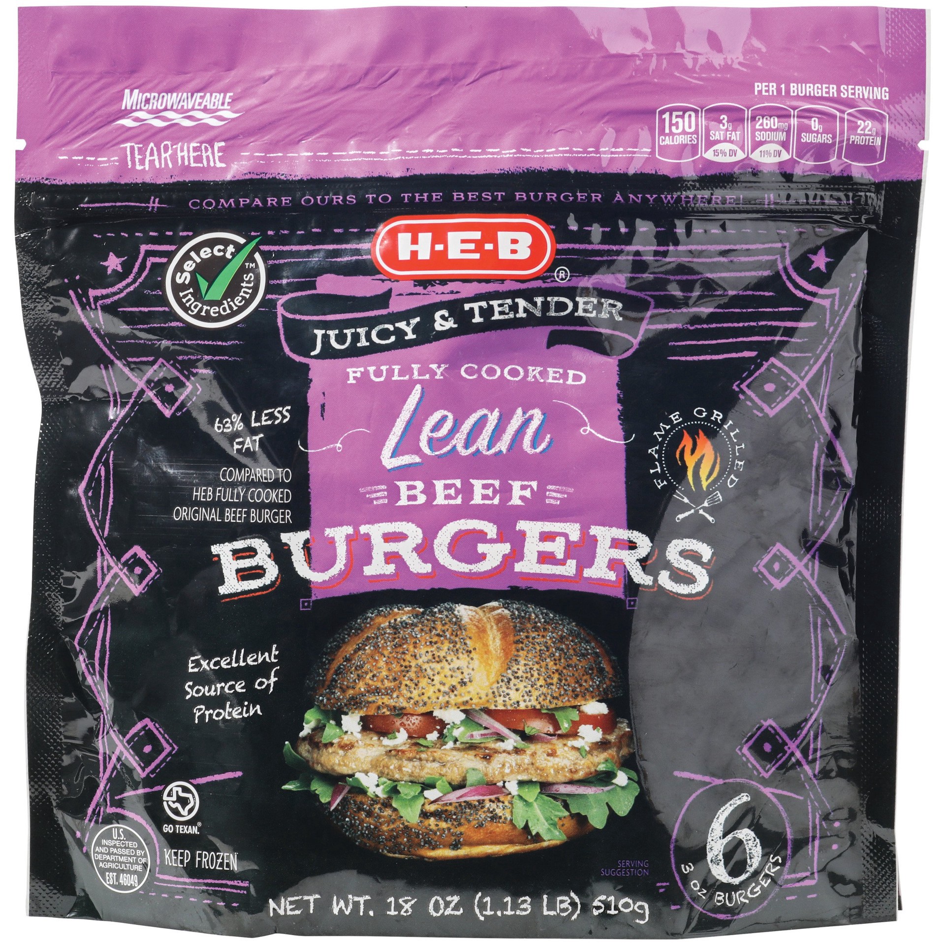 slide 1 of 1, H-E-B Fully Cooked Lean Beef Burgers, 6 ct