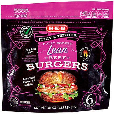 slide 1 of 1, H-E-B Fully Cooked Lean Beef Burgers, 6 ct