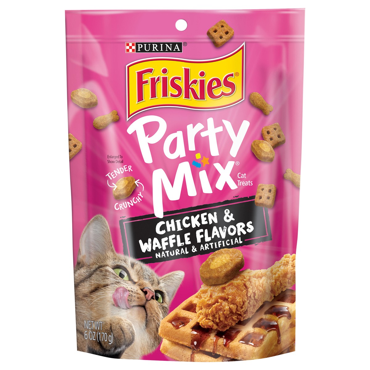 slide 1 of 9, Friskies Purina Friskies Made in USA Facilities Cat Treats, Party Mix Chicken & Waffle Flavors, 6 oz