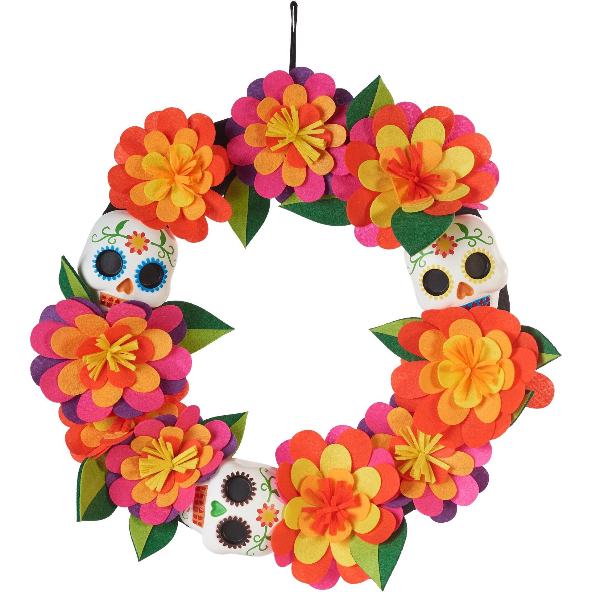 slide 1 of 1, Spooky Village Fabric Wreath With Skulls And Flowers, 1 ct