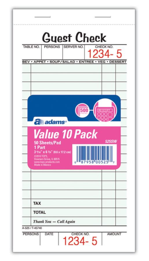 slide 2 of 2, Adams Guest Check Books, 1-Part, 10 pk; 50 ct; 3 2/5 in x 6 3/4 in