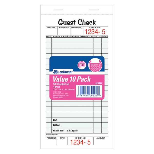slide 2 of 2, Adams Guest Check Books, 1-Part, 10 pk; 50 ct; 3 2/5 in x 6 3/4 in