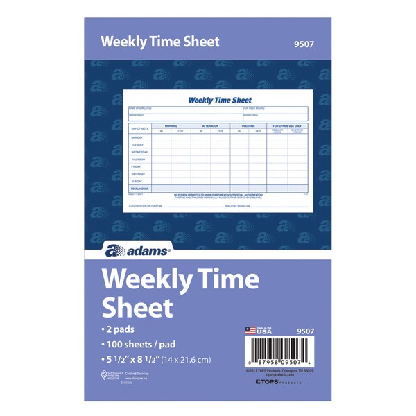 slide 2 of 2, Adams Weekly Time Sheets, White, 2 pk; 100 ct; 8 1/2 in x 5 1/2 in