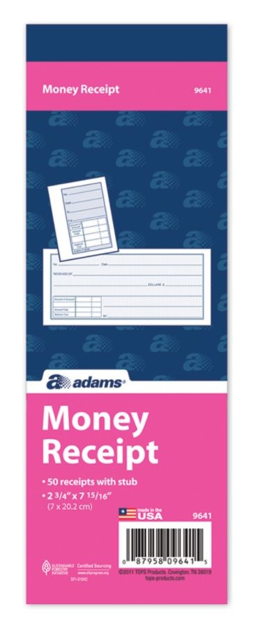 slide 2 of 2, Adams Money Receipt Book, 1 Part, White, 5 pk; 50 ct; 2 3/4 in x 7 15/16 in