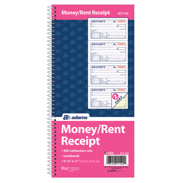 slide 8 of 9, Adams Carbonless 2-Part Spiral Money/Rent Receipt Book, 200 ct; 11 in x 5 1/4 in