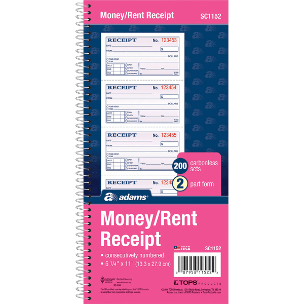 slide 7 of 9, Adams Carbonless 2-Part Spiral Money/Rent Receipt Book, 200 ct; 11 in x 5 1/4 in