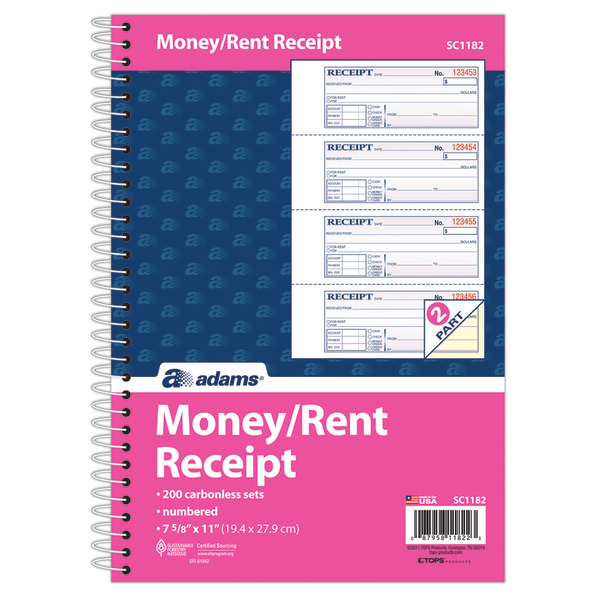 slide 8 of 8, Adams Carbonless 2-Part Spiral Money/Rent Receipt Book, 200 ct; 7 5/8 in x 11 in
