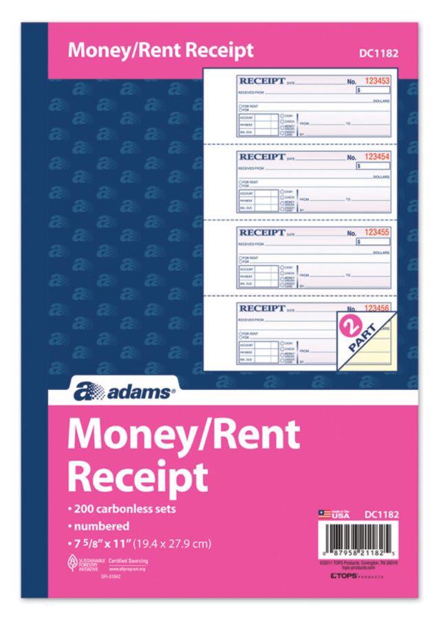 slide 3 of 5, Adams Carbonless 2-Part Money/Rent Receipt Book, 200 ct; 7 5/8 in x 11 in