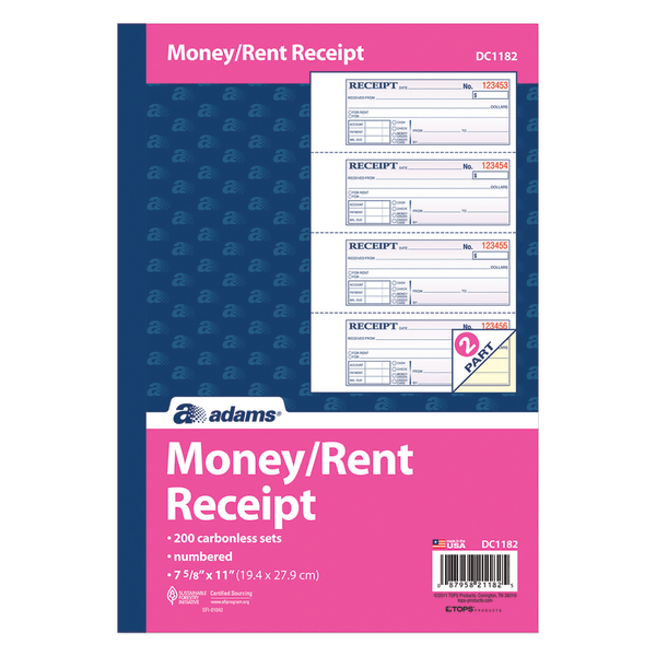 slide 5 of 5, Adams Carbonless 2-Part Money/Rent Receipt Book, 200 ct; 7 5/8 in x 11 in