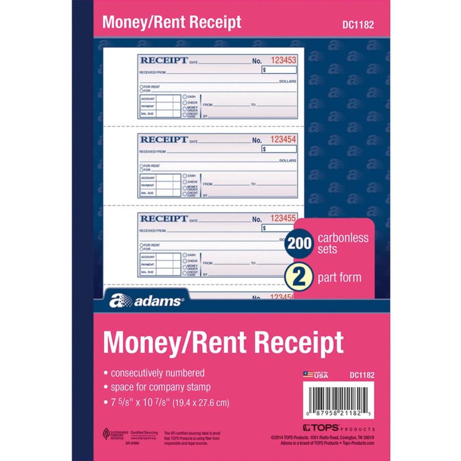 slide 5 of 5, Adams Carbonless 2-Part Money/Rent Receipt Book, 200 ct; 7 5/8 in x 11 in