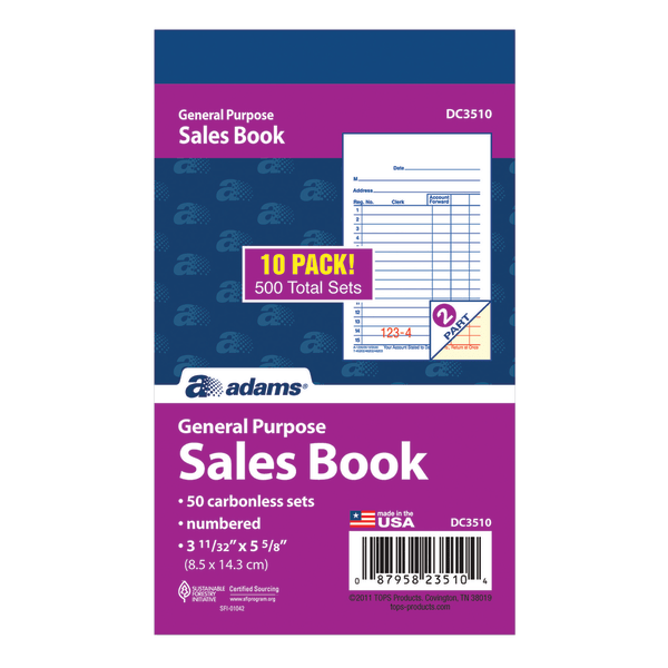 slide 2 of 2, Adams Carbonless 2-Part Sales Book, 10 ct; 3 3/10 in x 5 3/5 in