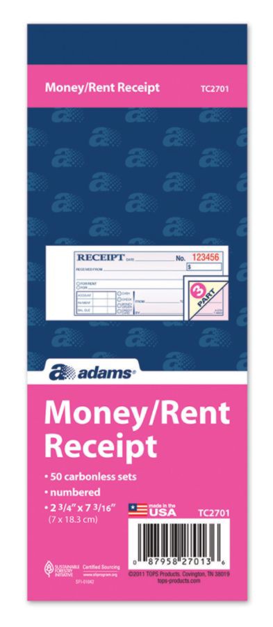 slide 4 of 7, Adams Money/Rent Receipt Books, 3-Part, Carbonless, 50 ct; 7 3/16 in x 2 3/4 in