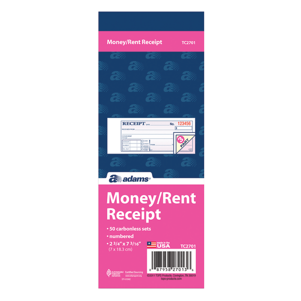 slide 6 of 7, Adams Money/Rent Receipt Books, 3-Part, Carbonless, 50 ct; 7 3/16 in x 2 3/4 in