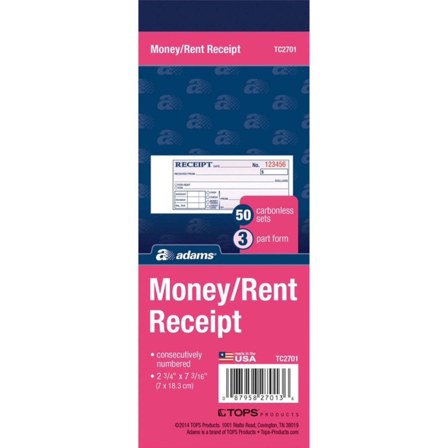 slide 7 of 7, Adams Money/Rent Receipt Books, 3-Part, Carbonless, 50 ct; 7 3/16 in x 2 3/4 in