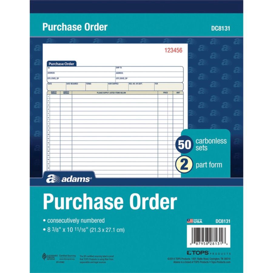 slide 4 of 5, Adams 2-Part Carbonless Purchase Order Book, 50 ct; 8 3/8 in x 10 11/16 in