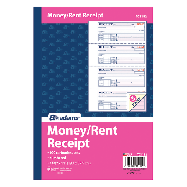 slide 4 of 9, Adams 3-Part Carbonless Money/Rent Receipt Book, 100 ct; 7 5/8 in x 11 in