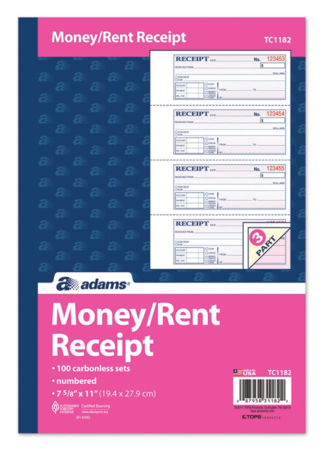 slide 7 of 9, Adams 3-Part Carbonless Money/Rent Receipt Book, 100 ct; 7 5/8 in x 11 in