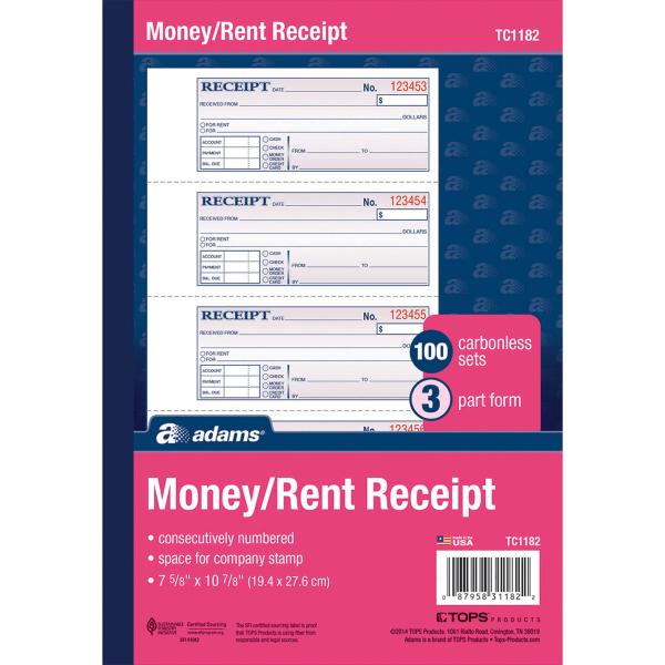 slide 6 of 9, Adams 3-Part Carbonless Money/Rent Receipt Book, 100 ct; 7 5/8 in x 11 in