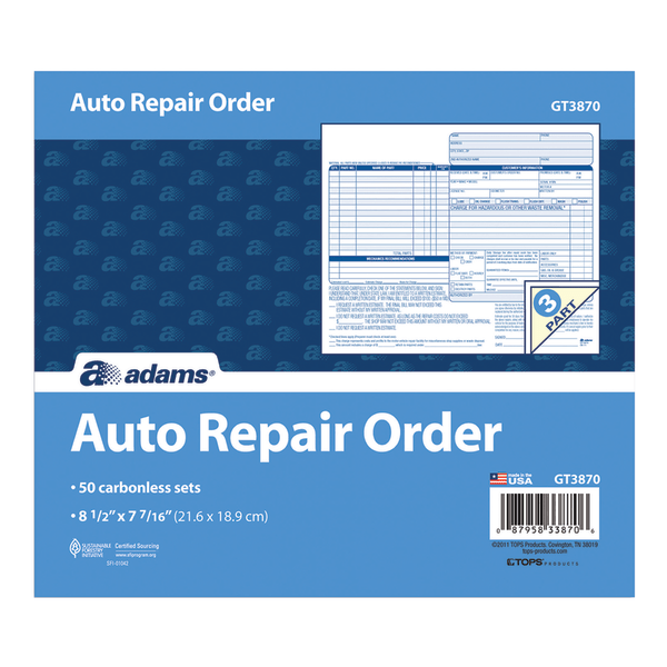 slide 2 of 2, Adams 3-Part Carbonless Auto Repair Order Set, 1 ct