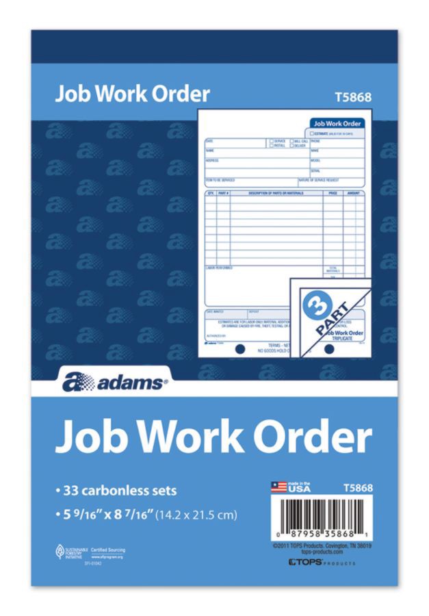 slide 2 of 2, Adams 3-Part Carbonless Job Work Order Book, 5 9/16 in x 8 7/16 in