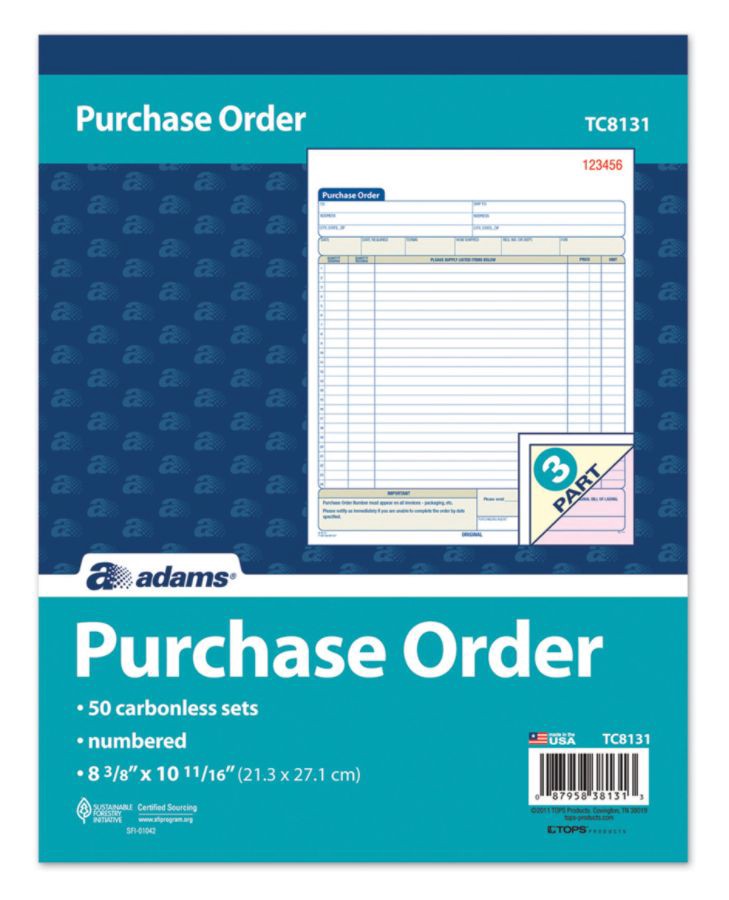 slide 2 of 5, Adams 3-Part Carbonless Purchase Order Book, 50 ct; 8 3/8 in x 10 11/16 in