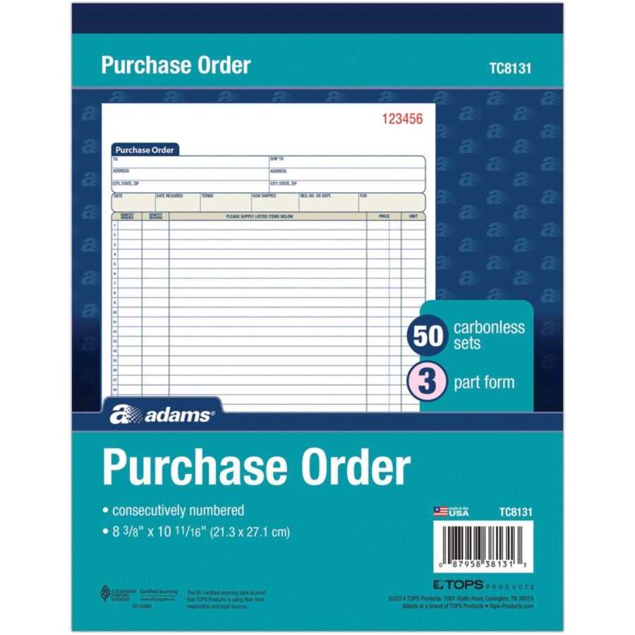 slide 5 of 5, Adams 3-Part Carbonless Purchase Order Book, 50 ct; 8 3/8 in x 10 11/16 in