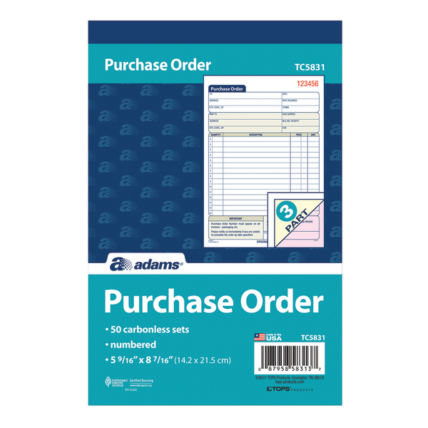 slide 3 of 5, Adams 3-Part Carbonless Purchase Order Book, 50 ct; 5 9/16 in x 8 7/16 in