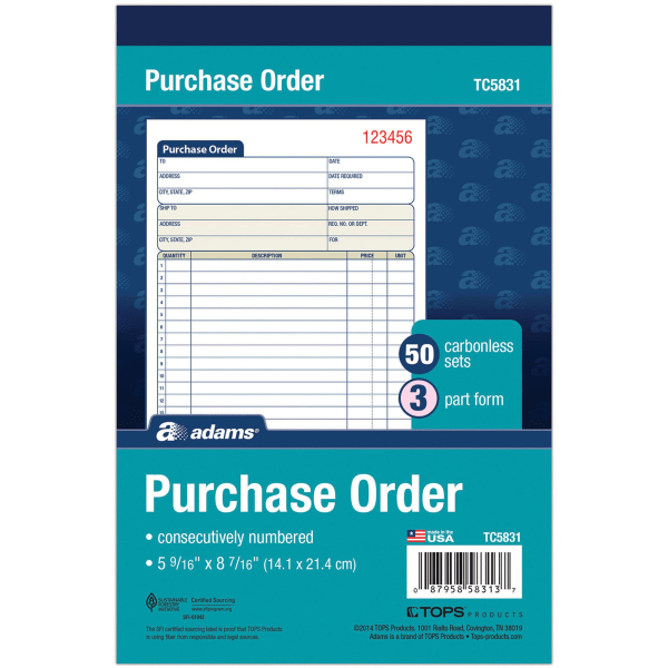 slide 5 of 5, Adams 3-Part Carbonless Purchase Order Book, 50 ct; 5 9/16 in x 8 7/16 in