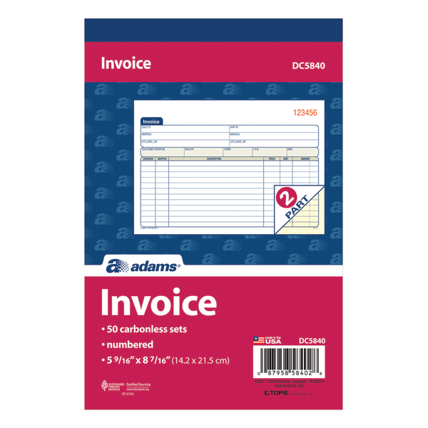 slide 4 of 5, Adams Carbonless Invoice Books, 2-Part, 8 7/16'' X 5 9/16'', Pack Of 50, 1 ct