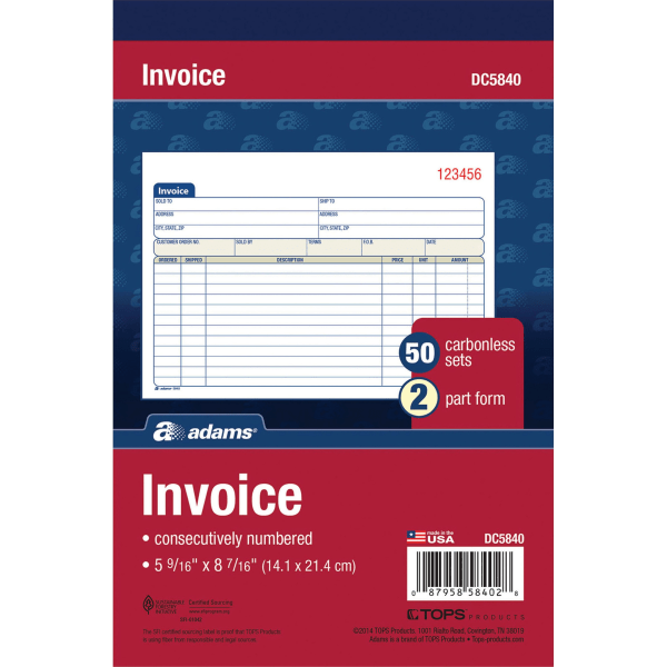 slide 3 of 5, Adams Carbonless Invoice Books, 2-Part, 8 7/16'' X 5 9/16'', Pack Of 50, 1 ct