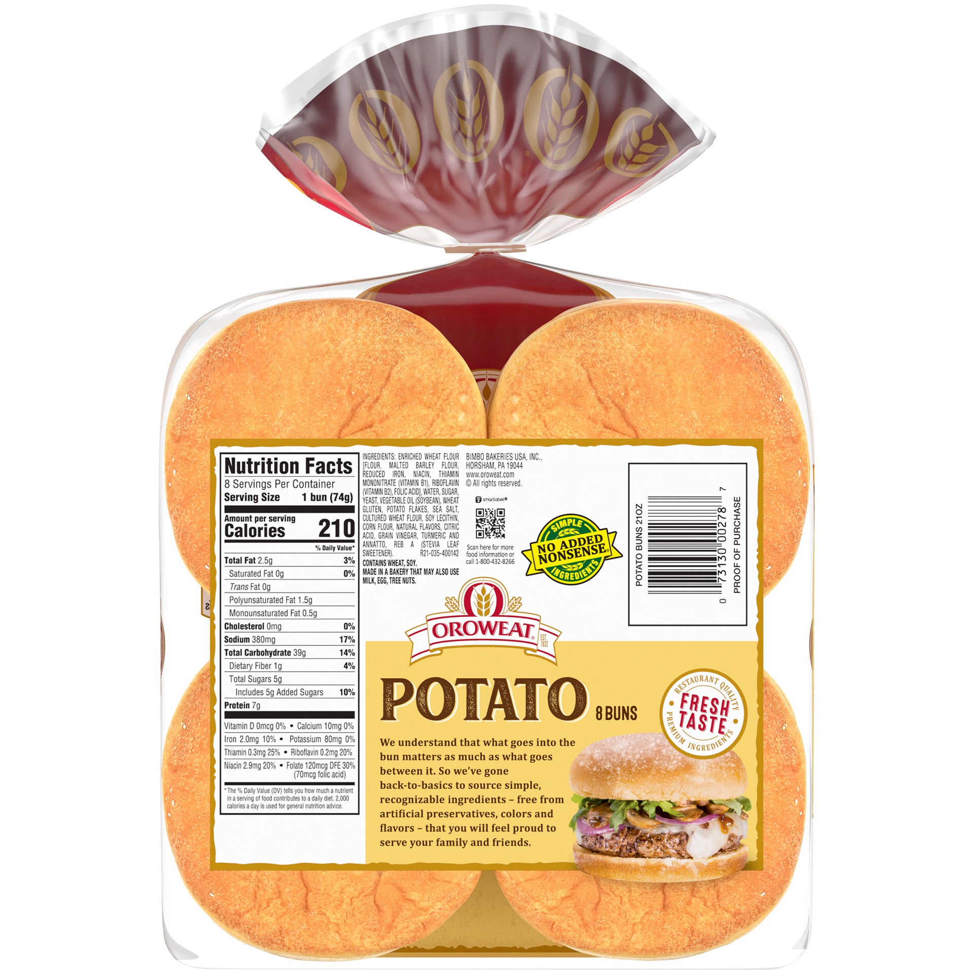 slide 8 of 10, Oroweat Potato Buns, 8 count, 21 oz, 8 ct; 21 oz