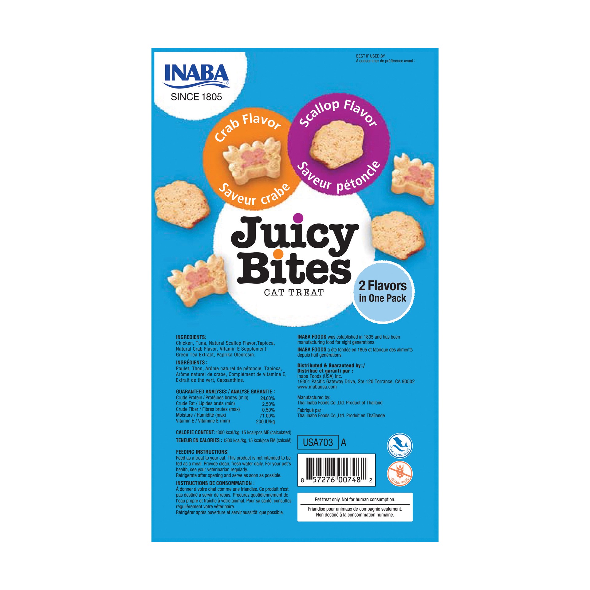 slide 2 of 5, Inaba Juicy Bites for Cats, Soft & Moist Cat Treats with Vitamin E and Green Tea Extract, 0.4 Ounces per Pouch, 3 Pouches, Scallop and Crab, 3 ct