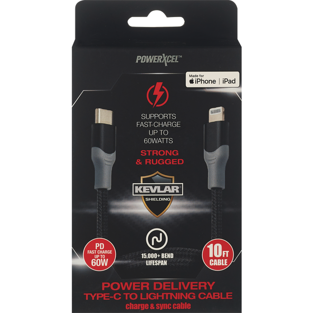 slide 1 of 1, POWERXCEL Kevlar Pd Type C - Lightng-10Ft Blk, 1 ct