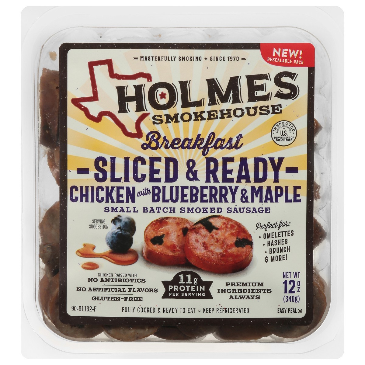 slide 1 of 14, Holmes Smokehouse Small Batch Sliced & Ready Breakfast Smoked Chicken Sausage with Blueberry & Maple 12 oz, 12 oz