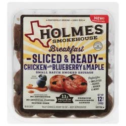 Holmes Smokehouse Small Batch Sliced & Ready Breakfast Smoked Chicken Sausage with Blueberry & Maple 12 oz