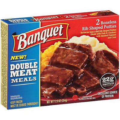 slide 1 of 1, Banquet Double Meat Boneless Rib Shaped Patties Meals, 12.5 oz