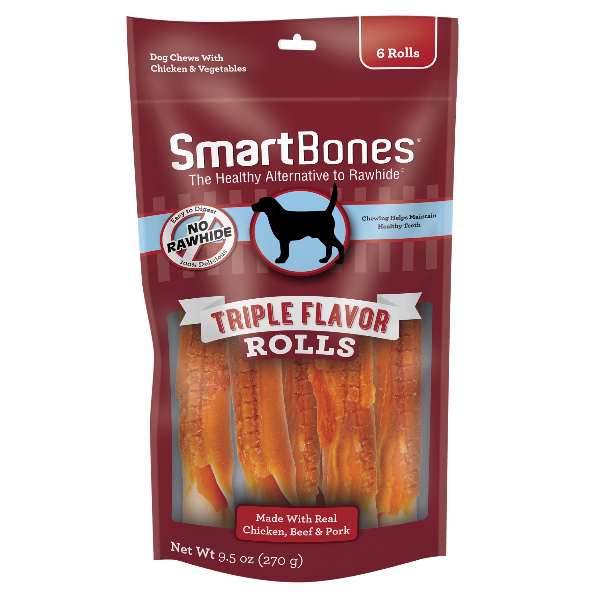 SmartBones Triple Flavor Rolls Dog Treat Chicken, Beef & Pork 6 ct